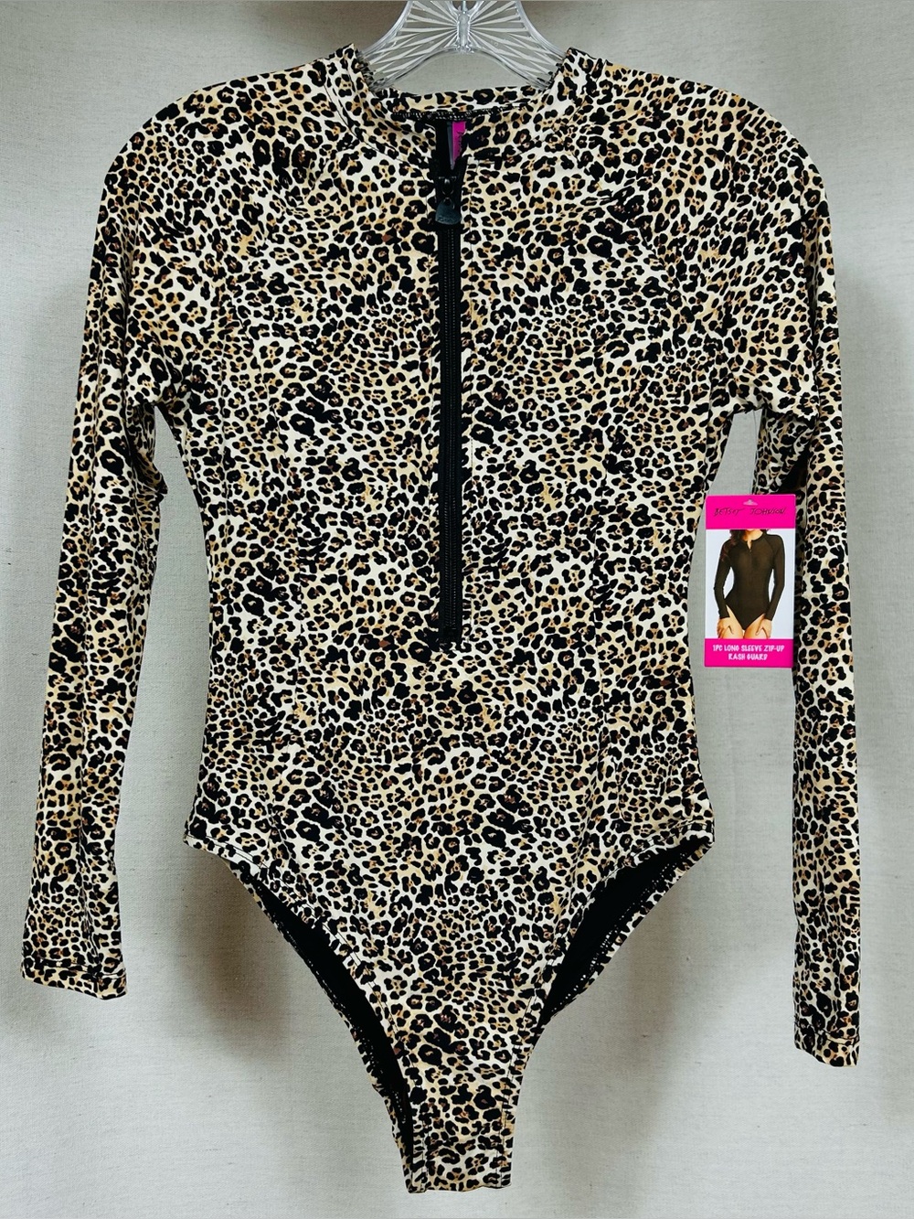 Betsey Johnson Leopard Print Long Sleeve Zip-Up Rash Guard - Black & Tan